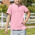 thumbnail image 4 of DxhmoneyHX Boys Button Down Shirts Kids Summer V Neck Lapel Short Sleeve T Shirts Loose Fit Textured School Uniform Blouse Beach Vacation Tops Size 5-14 Years, 4 of 8