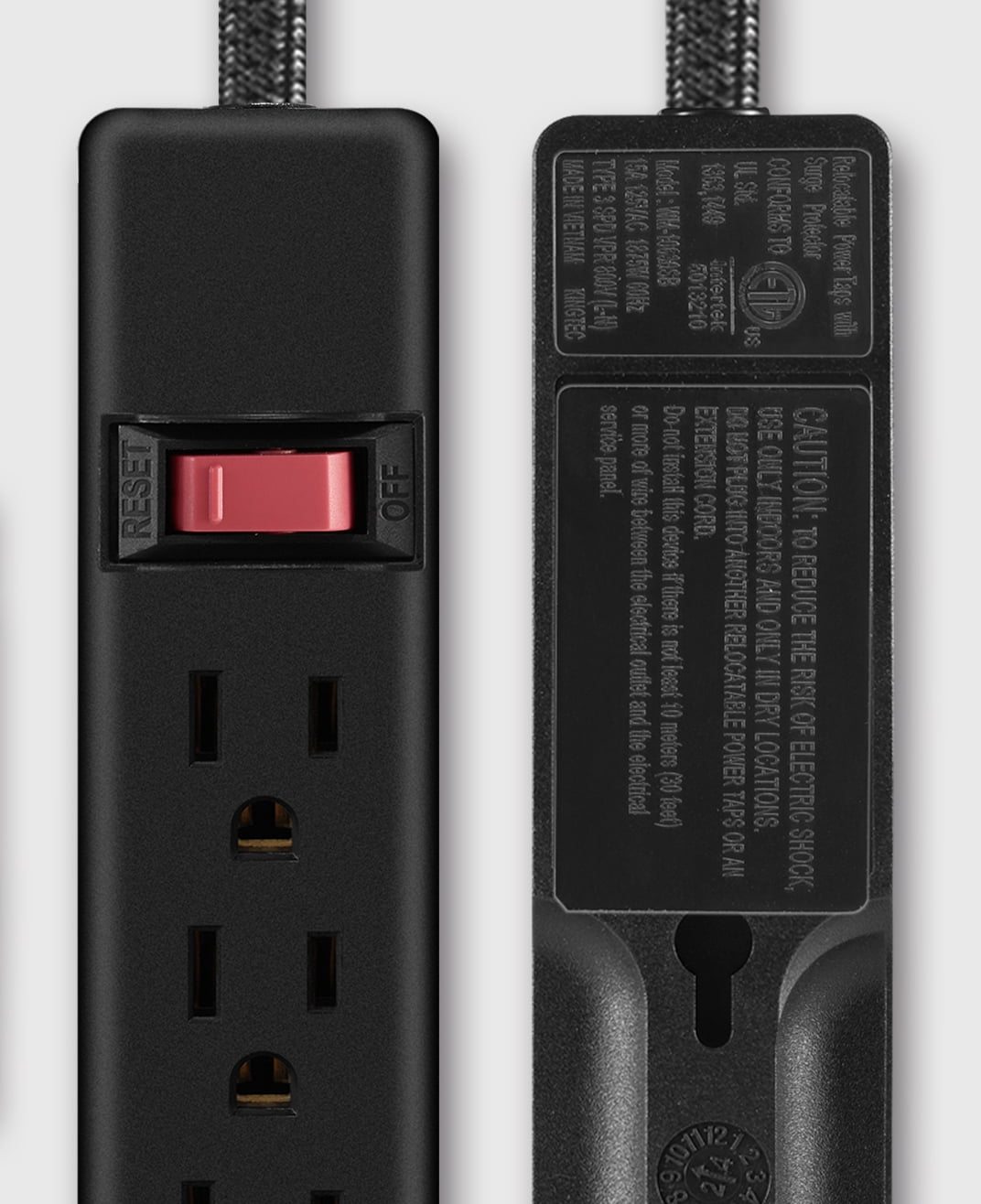 Hyper Tough 6-Outlet Indoor Power Strip, 8 ft Braided Extension Cord, ETL Certified, Black, 2-Pack