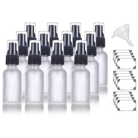 Treatment 12 Oz Bottle - 1 oz Frosted Clear Glass Boston Round Treatment Pump Bottle (12 pack) + Funnel and Labels for cosmetics, serums, essential oils, aromatherapy, food grade, bpa free