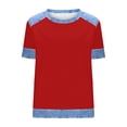 thumbnail image 5 of jtjvou Womens Waffle Knit T Shirts Denim Spliced Short Sleeve Tops Crew Neck Casual Color Block Blouses Tees Red L, 5 of 5