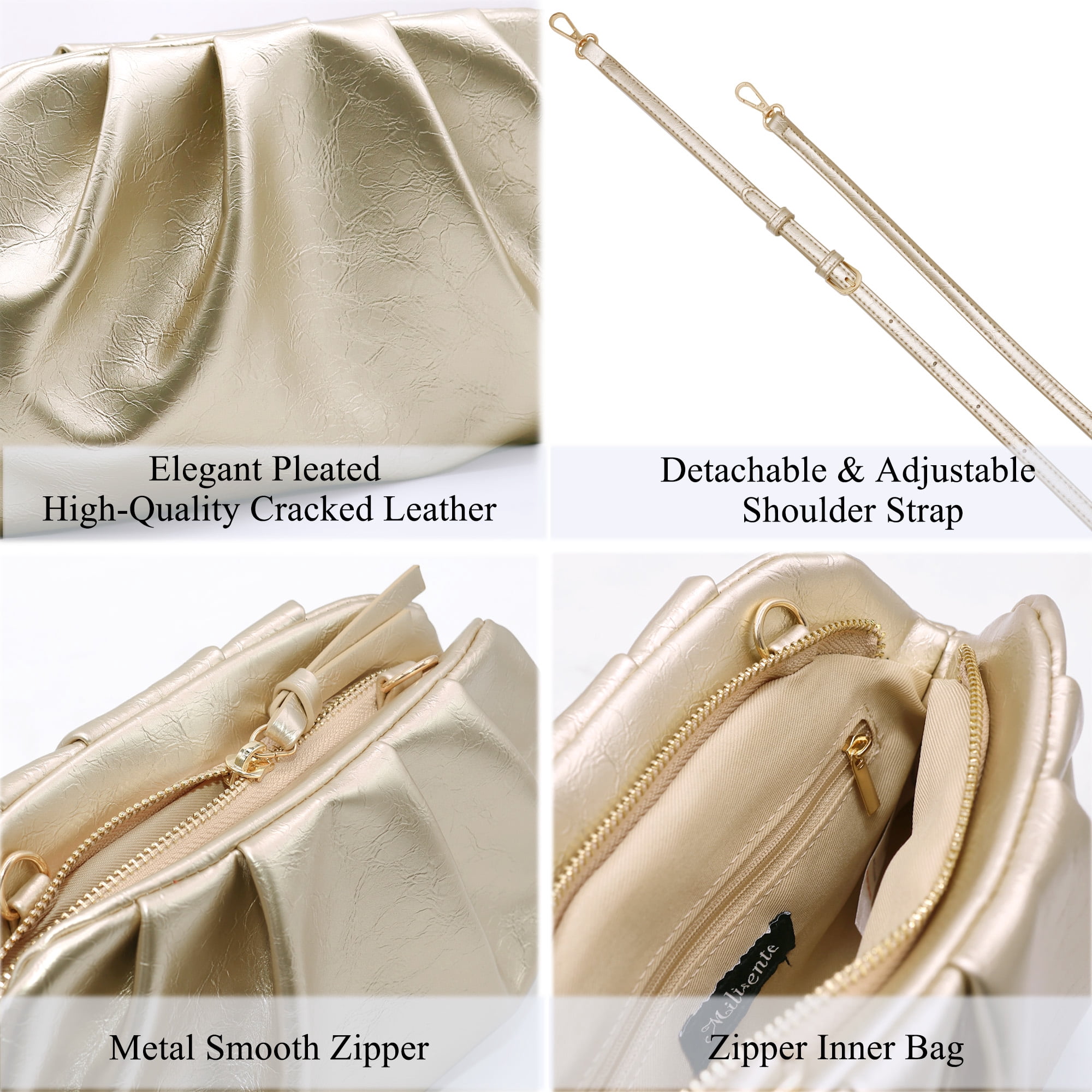 Milisente Women's Pleated Cloud Clutch Bag Shiny PU Leather Evening Purse Detachable Shoulder Strap For Wedding Prom Party(Gold)