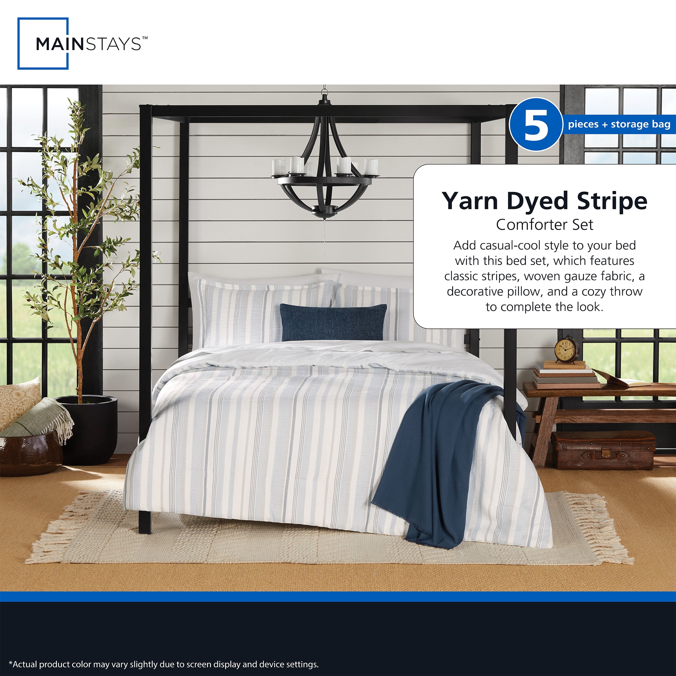 Mainstays Yarn Dyed Stripe 4-Piece Blue Comforter Set, Twin/Twin XL
