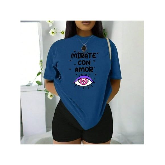 Playera Blusa De Mirate Con Amor Del Dia De La Mujer Color Azul Talla Mediana Marca Emil SaEs
