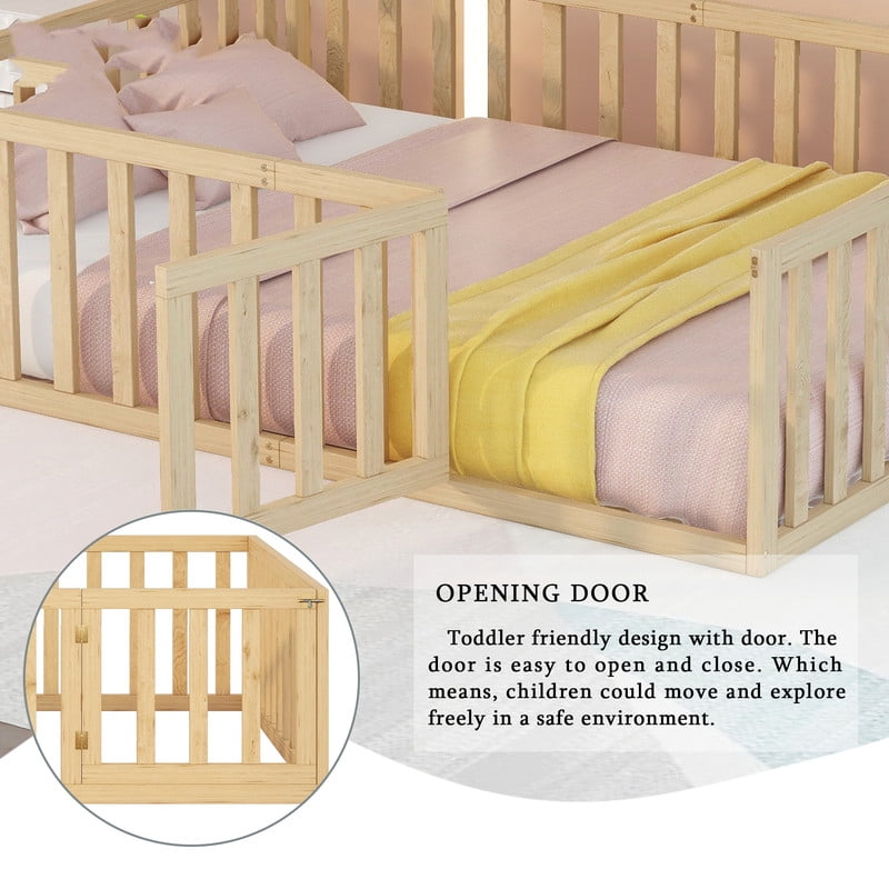 Full Size Wood Floor Bed with Door & Fence, Montessori Bed Frame with Full Length Safety Guardrails, Wood Full Bed with Slats, No Box Spring Needed- Natural
