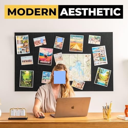 Vision Board - Large Cork Board for Walls 59" x 36", Black Bulletin Board | 15 Pack Felt Wall Tiles | Cork Boards for Office Pin Board Tack Board Cork Boards