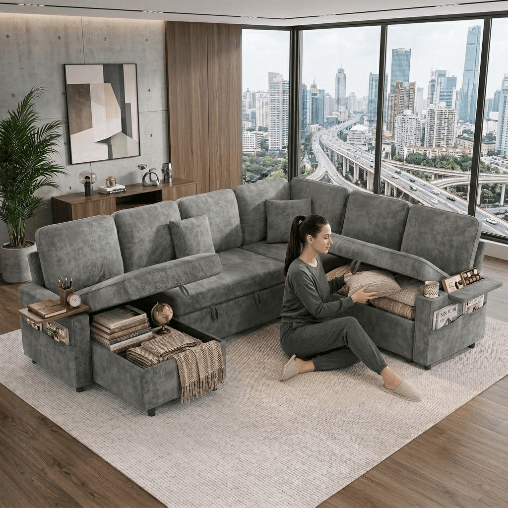 EPOWP 108" Sectional Sleeper Sofa, 7-Seater L-Shaped Modular Couch with Pull-Out Sofa Bed, Adjustable Backrest, Side Table & Charging Ports, Chenille Sectional Sofa for Living Room, Grey
