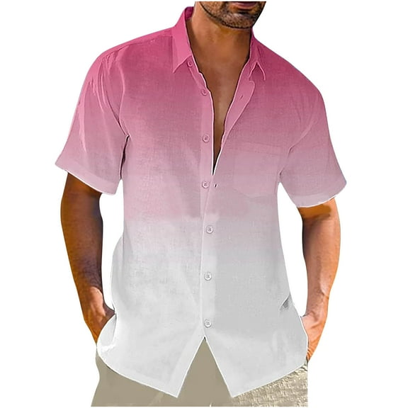 Linen Button Up Shirts for Men Short Sleeve Gradient Beach Hawaiian Collared Plus Size Tees Casual Top M-5XL (X-Large, Pink)