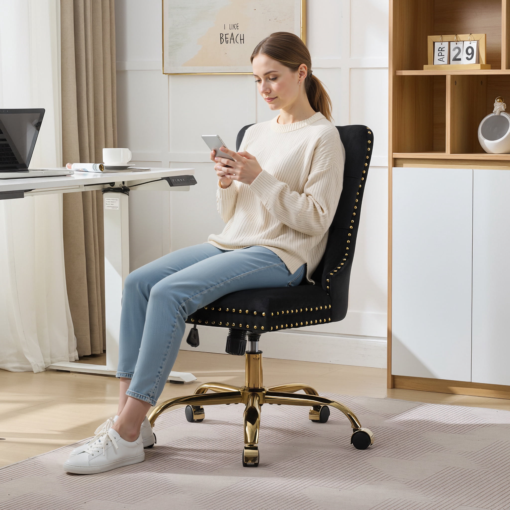 PAPROOS Vanity Chair, Swivel Home Office Chair, Ergonomic Home Desk Chair with Golden Metal Base, Adjustable Height, Velvet Upholstered Tufted Button Task Chair, Black