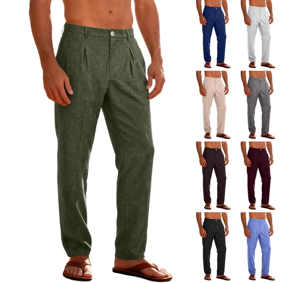 RongHuan Men's Linen Dress Pants Lightweight Summer Loose Straight Leg Pant Business Casual Golf Beach Trousers with Pockets