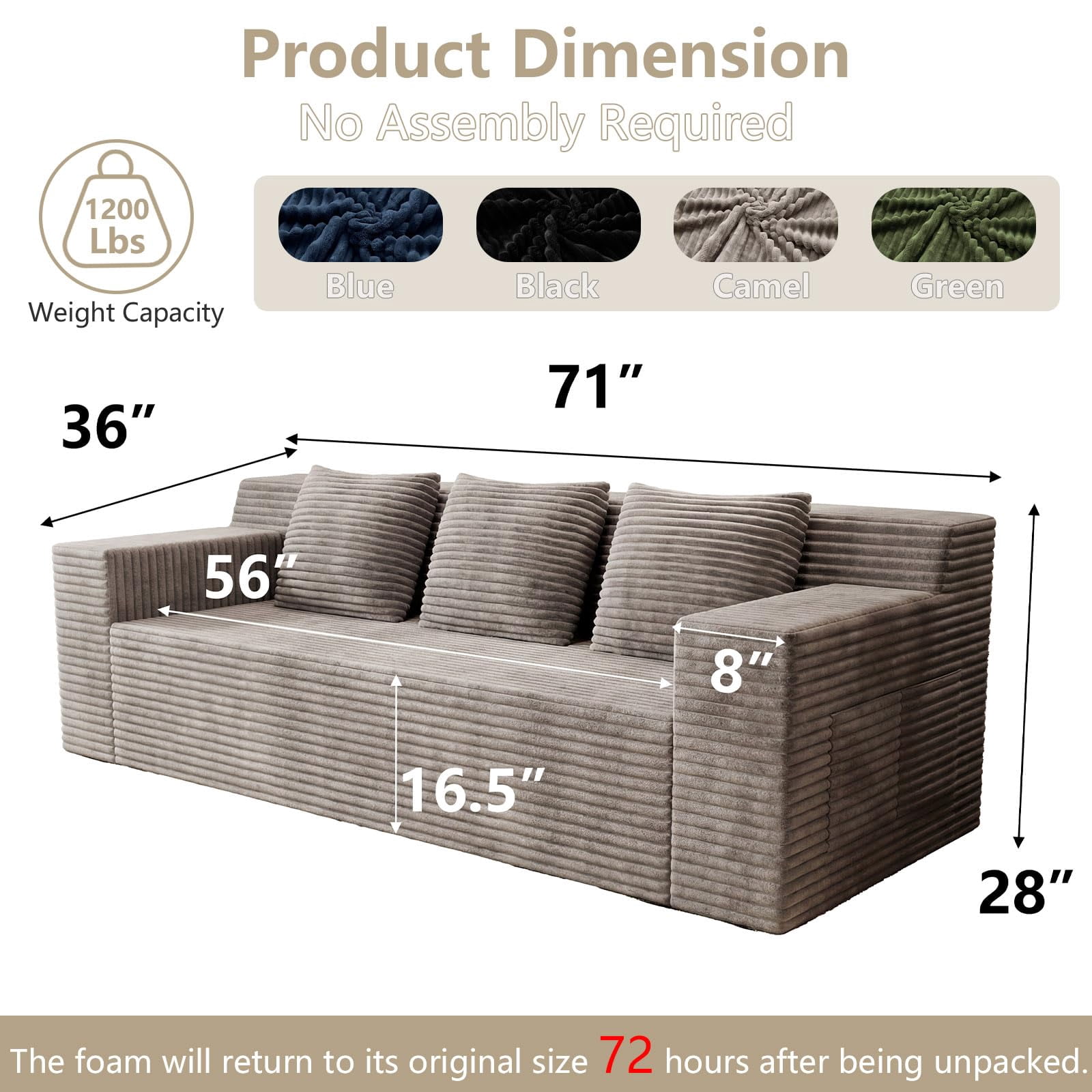 71" Modern Corduroy Loveseat Sofa with Square Armrests and Memory Foam for Living Room and Bedroom, Camel