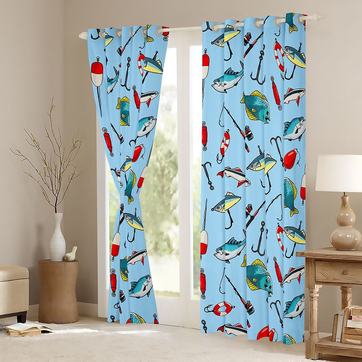 Feelyou Hunting and Fishing Black Out Curtains, Cartoon Pike Fish Curtains Pack of 2 (42x63 Each), Teens Kids Boys Girls Bedroom Curtains, Living Room Curtains Decor