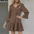 thumbnail image 6 of Breaise Cotton Linen Dresses for Women V Neck Bell Sleeve Ruffle Tiered Mini Dresses 3/4 Sleeve Solid Loose Fit Pleated Dresses Flowy Summer Casual Work Dresses Brown S, 6 of 7
