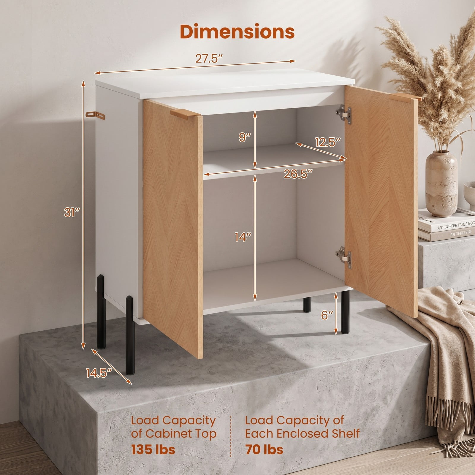Furnibear 2-Door Buffet Cabinet Sideboard, Modern Kitchen Storage Credenza Console with Adjustable Enclosed Shelf, Anti-Tipping Cupboard and Metal Legs for, Black