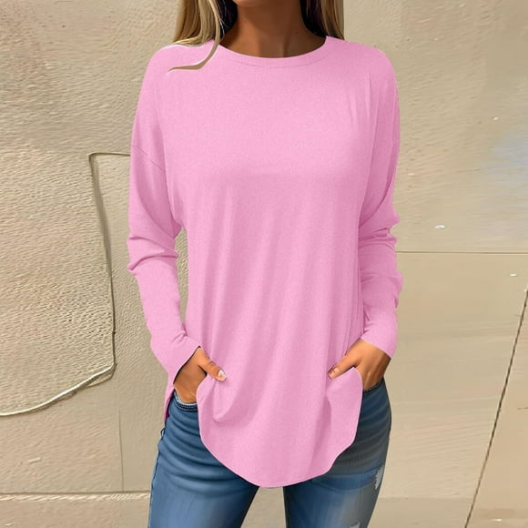 lcziwo Women Solid Color Crewneck Tops 2024 Fall Solid Color Long Sleeve Tunic Tops Loose Fit Comfy Shirt Trendy Lightweight T Shirt Deals Of the Day Clearance Pink,XXL