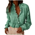 thumbnail image 2 of Lenpel Blouses for Women Long Sleeve V Neck Half Button Ruffle Trim Plaid Dressy Casual Tops Loose Work Shirts(Green,XX-Large), 2 of 5