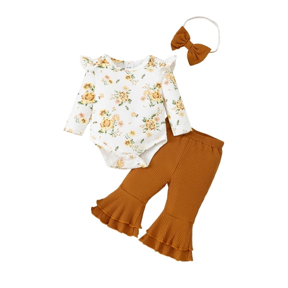 KIMI BEAR Newborn Baby Girls Winter Outfits 0-3 Months Warm Pant Sets Ruffle Long Sleeves Romper Floral Pullover Top Solid Color Pants Flared Pants with Headband 3pcs Clothing Sets White