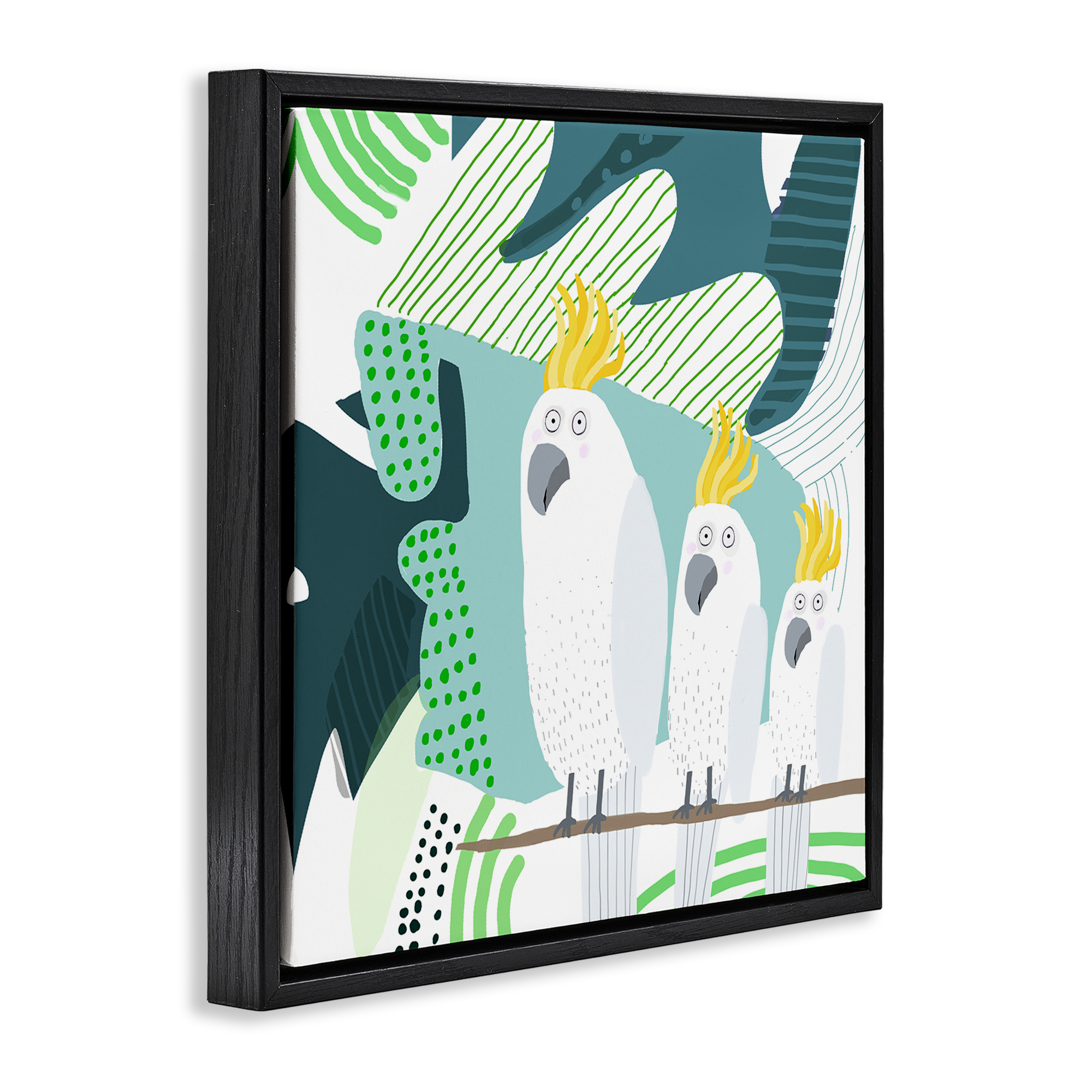Stupell Industries Whimsical Patterned Cockatoo Animals Painting Black Floater Framed Canvas Art Print Wall Art, 25 x 25