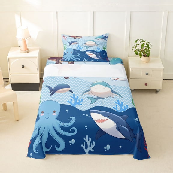Erosebridal Marine Shark Twin Sheet Sets for Kids, Blue Octopus Coral Bedding, 3 Pieces