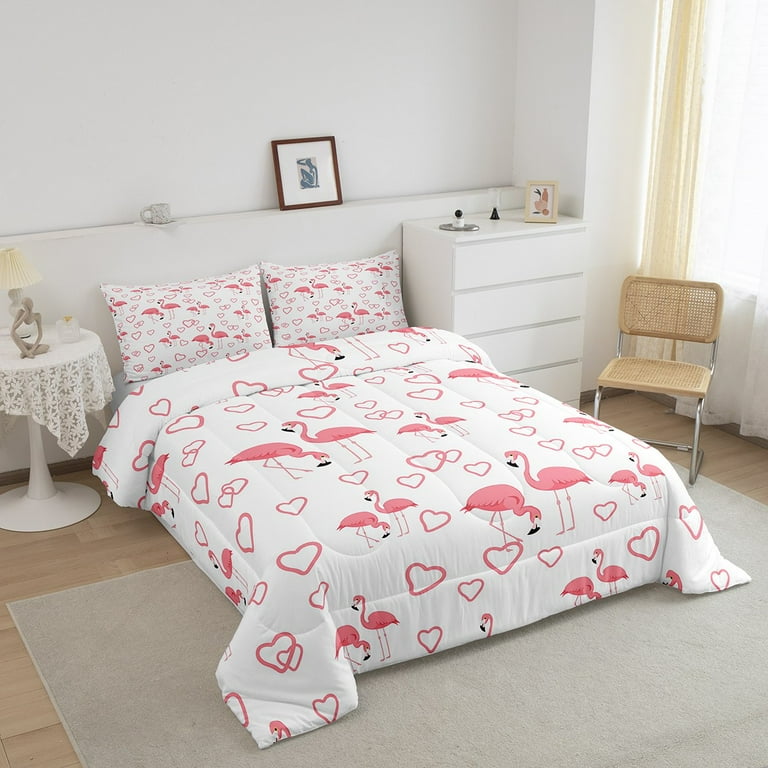 Pink Flamingo Comforter Set Queen Size for Girls Women Romantic Theme Bedding Cute Animal Flamingo Decor Bedding Comforter Sets 3 Pcs Love Heart Print