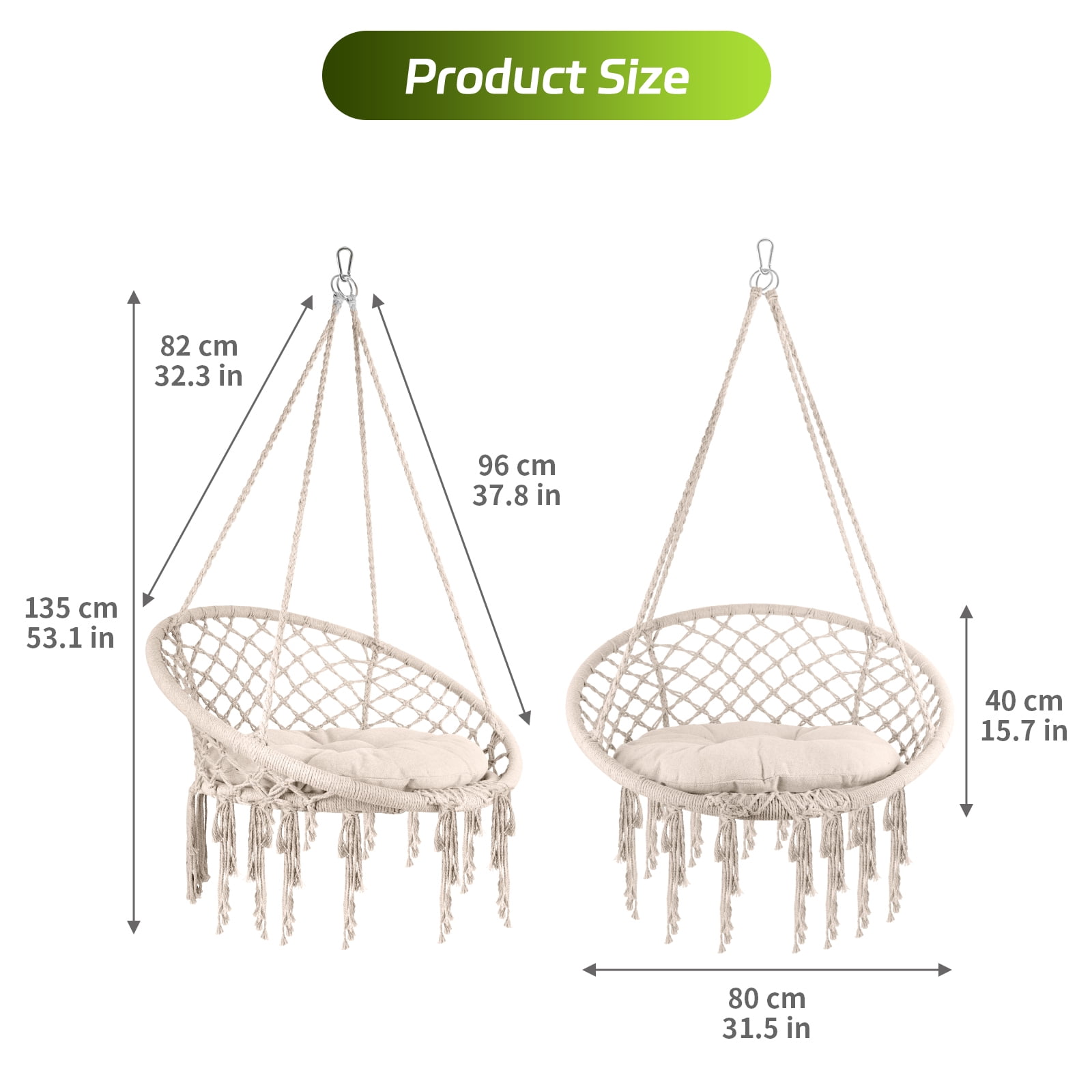 Macrame Hammock Chair Rope Swing, Hanging Cotton Kits - Hand-Woven Rope, Steel Spreader Bar Anti-Slip Rings, Cream White, Firmly Woven, Easy Assembly, Soft, for Porch Patio