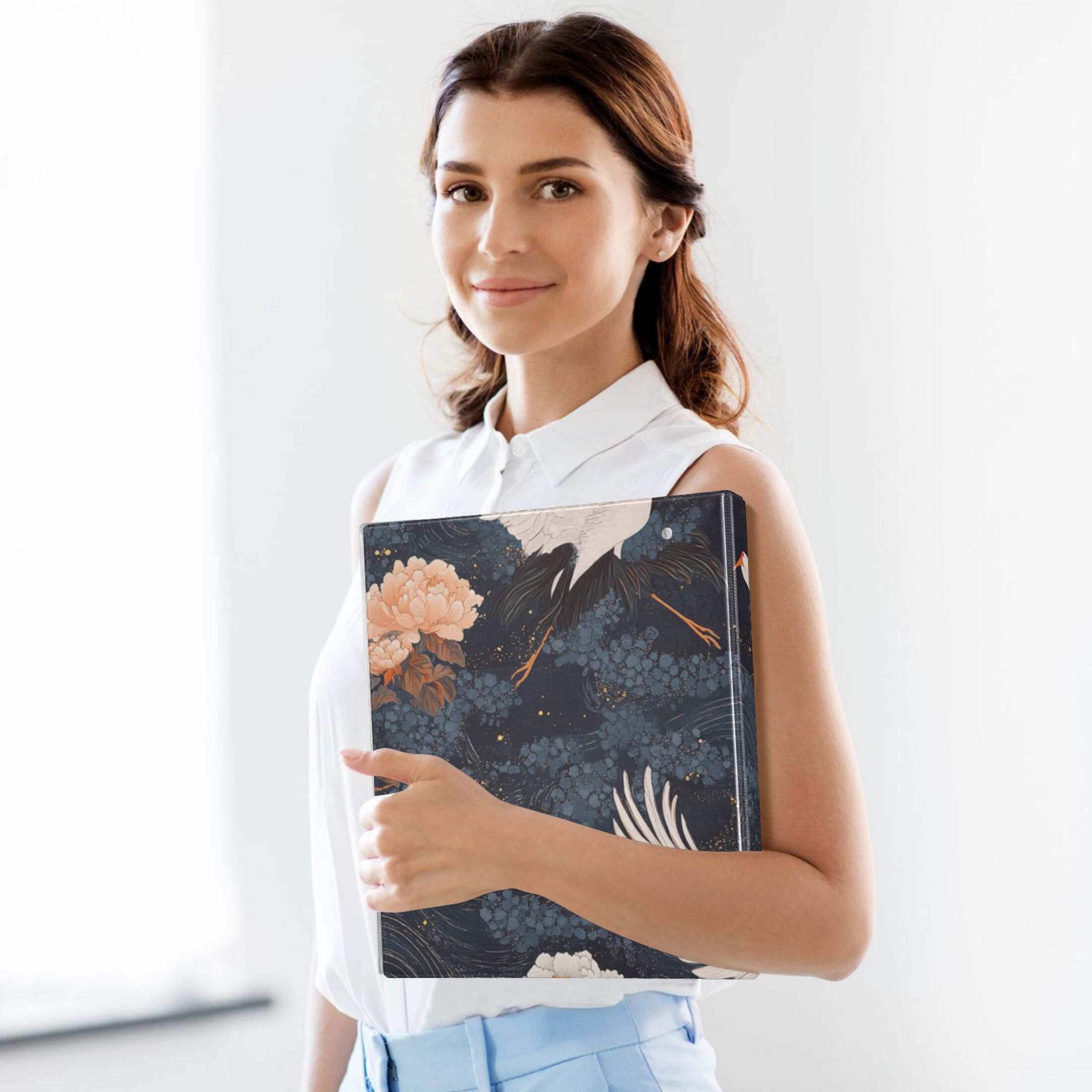 Elegant Cranes Peonies 3 Ring Binders 1.5 inch Hardcover File Folders with Interior Pockets A4 Size Organizer for School Office Hospital