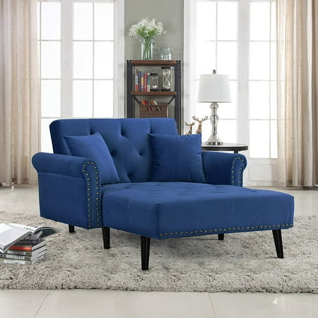 Canvas Outdoor Recliner - Modern Velvet Fabric Recliner Sleeper Chaise Lounge - Futon Sleeper Single Seater with Nailhead Trim (Navy)