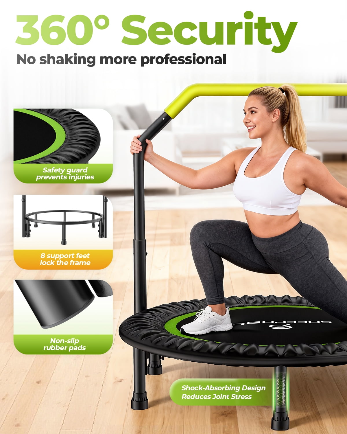 SAEEPABUL 40Inch Mini Fitness Rebounder Trampoline with Adjustable Handle, Indoor Exercise Workout Trampoline for Adults, Max Load 330lbs, Green