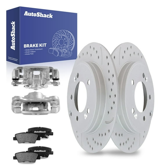 AutoShack Rear Drilled & Slotted Brake Rotors Ceramic Brake Pads Calipers | Replacement for 2014-2015 Kia Optima 2.0L 2.4L FWD | Silver Coated | 8-PC Brake Kit | TurboGuard