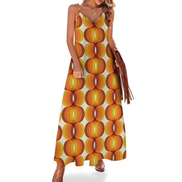 Vestido sin mangas con estampado ondulado retro de los años 60 en color naranja, marrón y marfil, vestidos para mujer Vestido largo para mujer