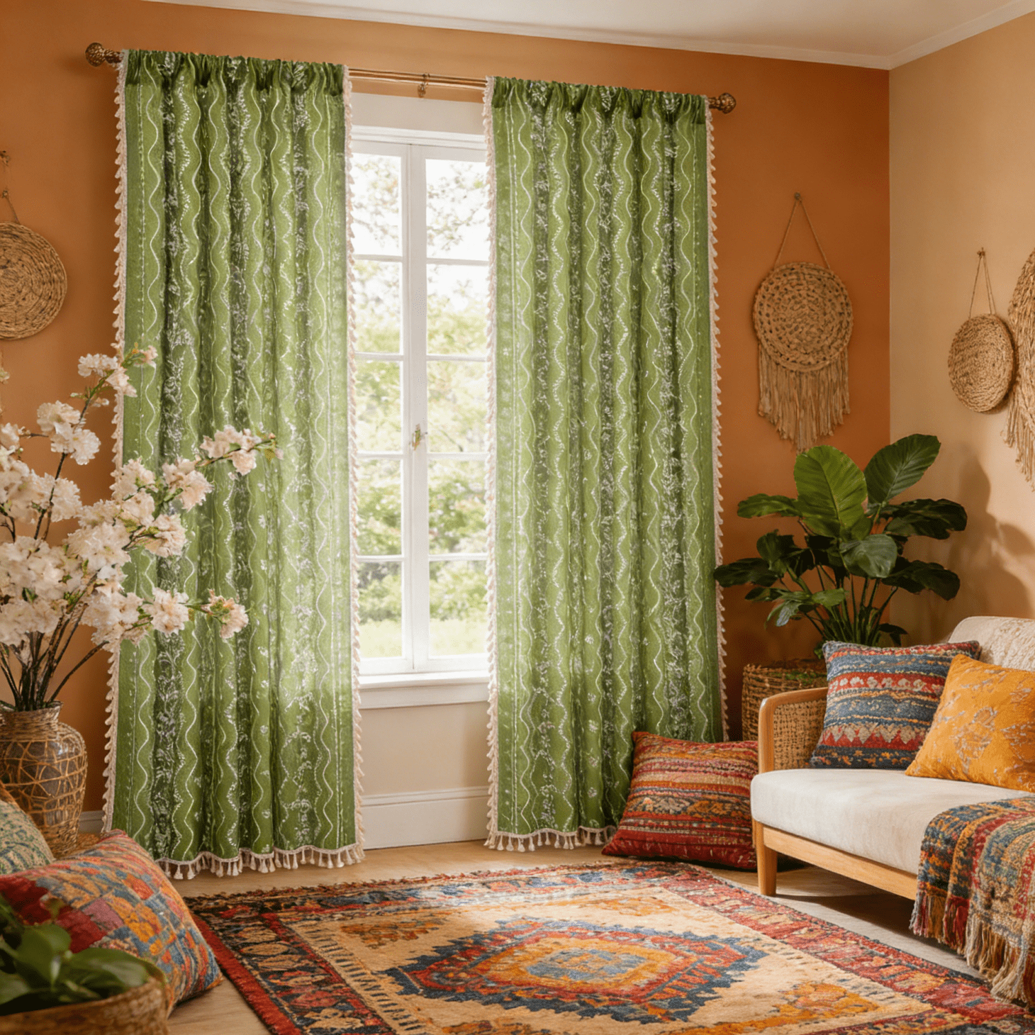 Invoibler Boho Farmhouse Sage Green Light Filtering Linen Curtains with Tassels & White Pattern, 52"x 84", 2 Panels