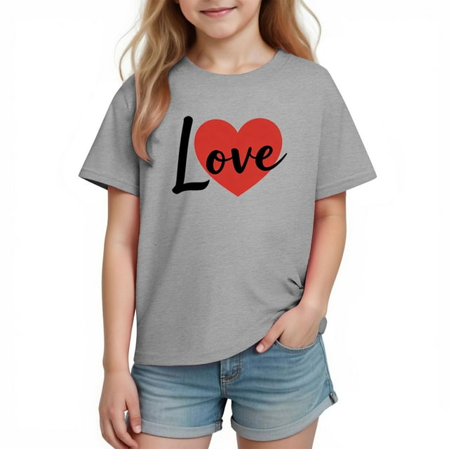 Yanlir T-Shirt à Manches Courtes en Coton avec Imprimé Cœur de la Saint-Valentin pour Enfants, Décontracté, Confortable, Mignon, Col Rond, Mode pour Garçons, Filles, Tout-Petits, Jeunes (Gris#1,4 Ans)