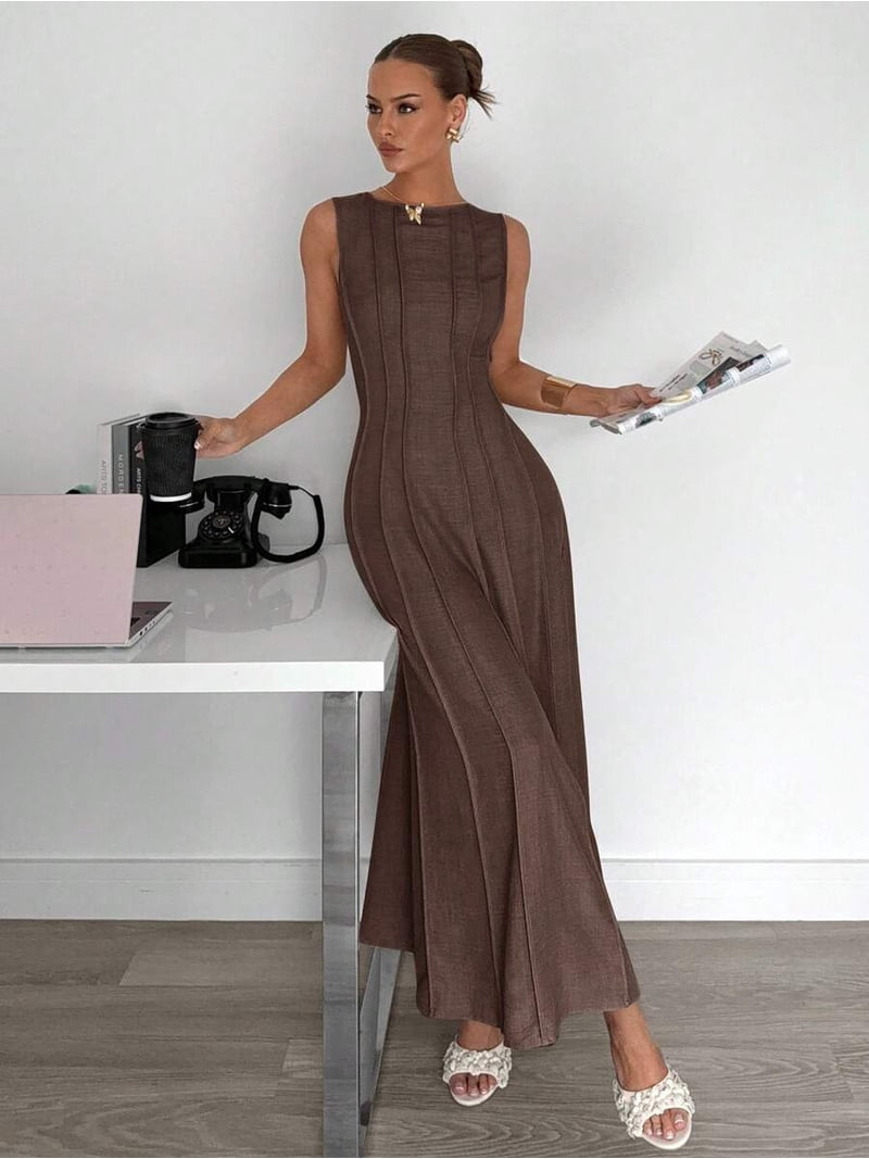 coffee brown dress women Pleated Sleeveless A-Line Maxi For Women, Elegant Party Casual The medium global-sub-cat-Midi Dresses Black and Gold Wedding Color:Pink / Ivory