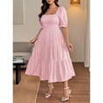 thumbnail image 5 of Pink Gingham Square Neck A-Line Midi Dress With Half Puff Sleeves Casual Summer, 5 of 8