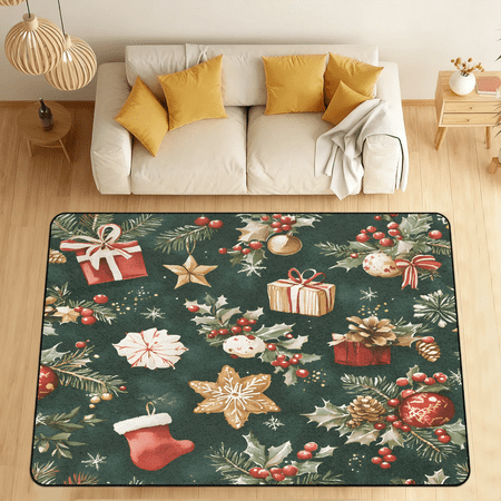 CURLYOOT Christmas Tree Area Rugs for Living Room Bedroom  4  10  x 6  8  Washable Rug  New Year Floor Carpet with Non Slip Backing for Dining Room Indoor