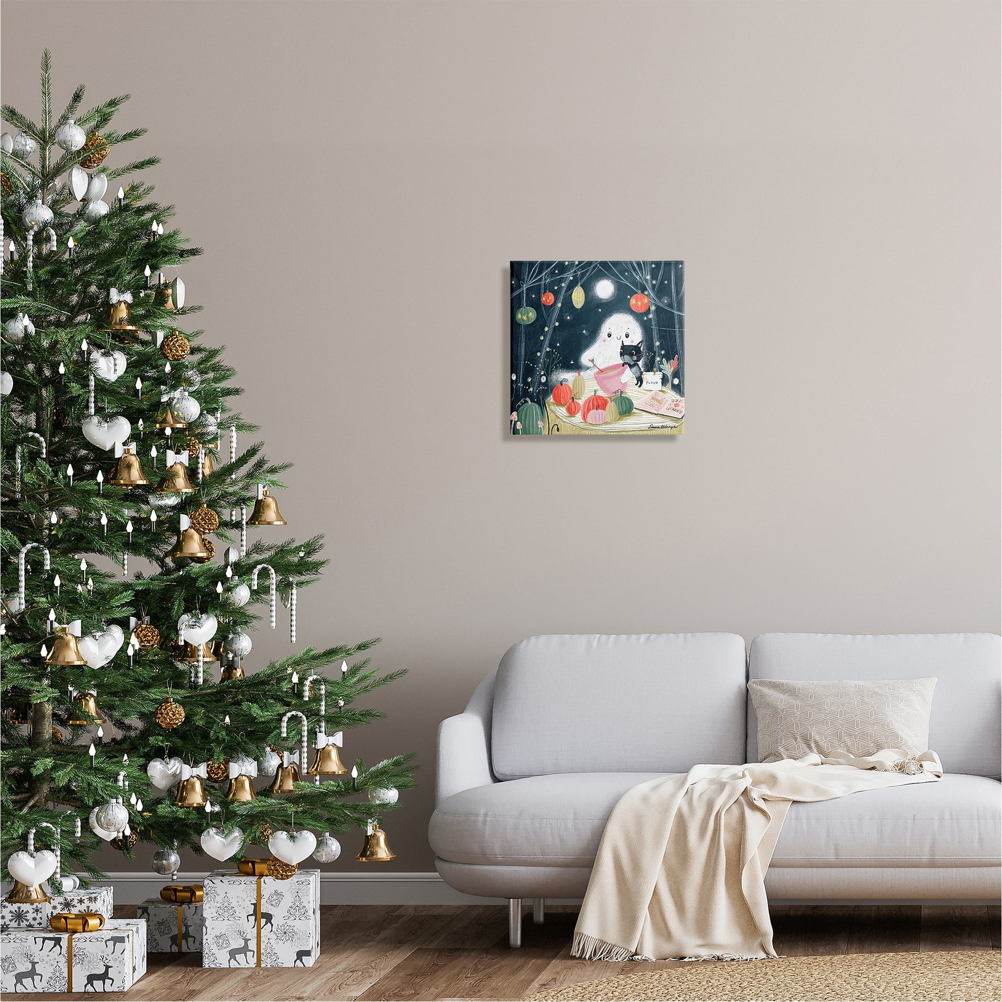 Stupell Industries Cat & Ghost Baking Pumpkin Cake Holiday Painting Gallery Wrapped Canvas Print Wall Art