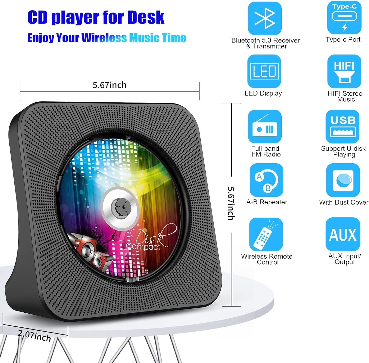 Qoosea CD Player Portable, Bluetooth CD Players for Home Desktop with HiFi Sound Speaker, FM Radio CD Music Player for Home with Remote Control Black