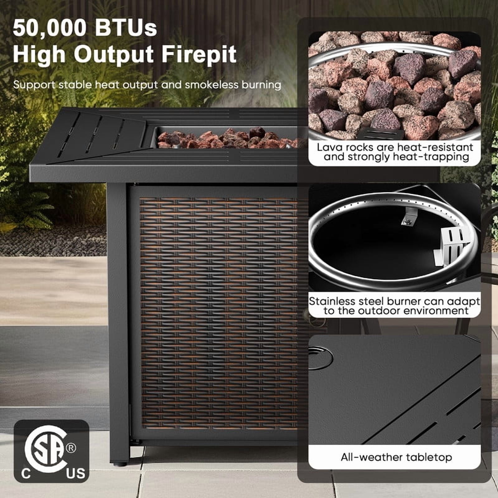Giantfurnni 30" Propane Fire Pit Table with Lid, Outdoor Metal 50,000 BTUs Square Gas Fire Pit Table with Lava Rocks for Balcony Porch Deck