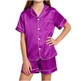 thumbnail image 3 of MKOSPLRT Big Girls 5-16 Years Solid Satin Pajama 2-Piece Set Short Sleeve Lapel Top and Shorts Soft Lightweight Sleep Outfit Gift for Tween Girls, 3 of 8
