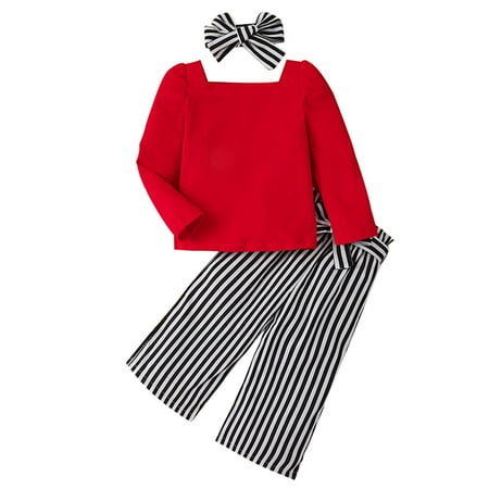 

Zlekejiko Kids Toddler Baby Girls Long Sleeve Solid T Shirt Tops Striped Trousers Pants With Headbands Outfit Set 3PCS