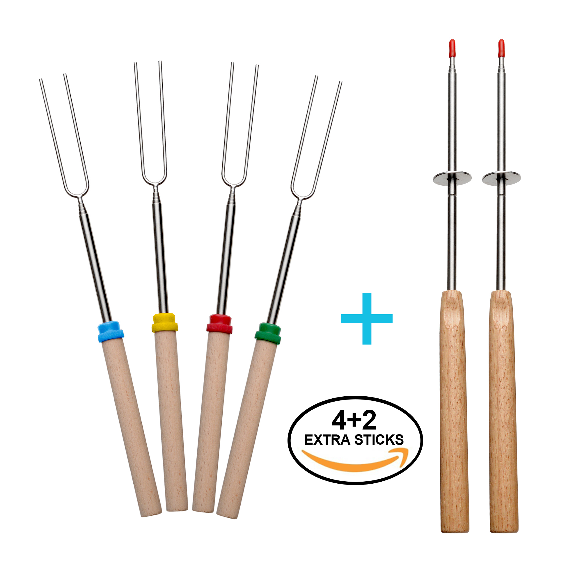 4 + 2 Extra Sticks Marshmallow Roasting Sticks Kit 32 Inch Telescoping Smores Skewers & Hot Dog