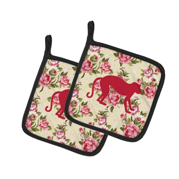 Monkey Shabby Chic Yellow Roses Pair of Pot Holders