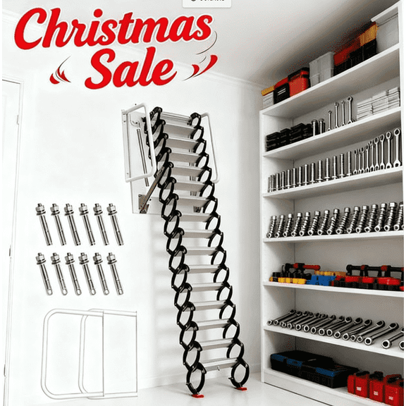 1300 LBS Foldable Attic Ladder, Aluminium Alloy Attic Stairs with Handrail, 10FT Wall-Mounted Retractable Ladder, 12-Steps Attic Stairs Pull Down System, Loft Ladder for Attic