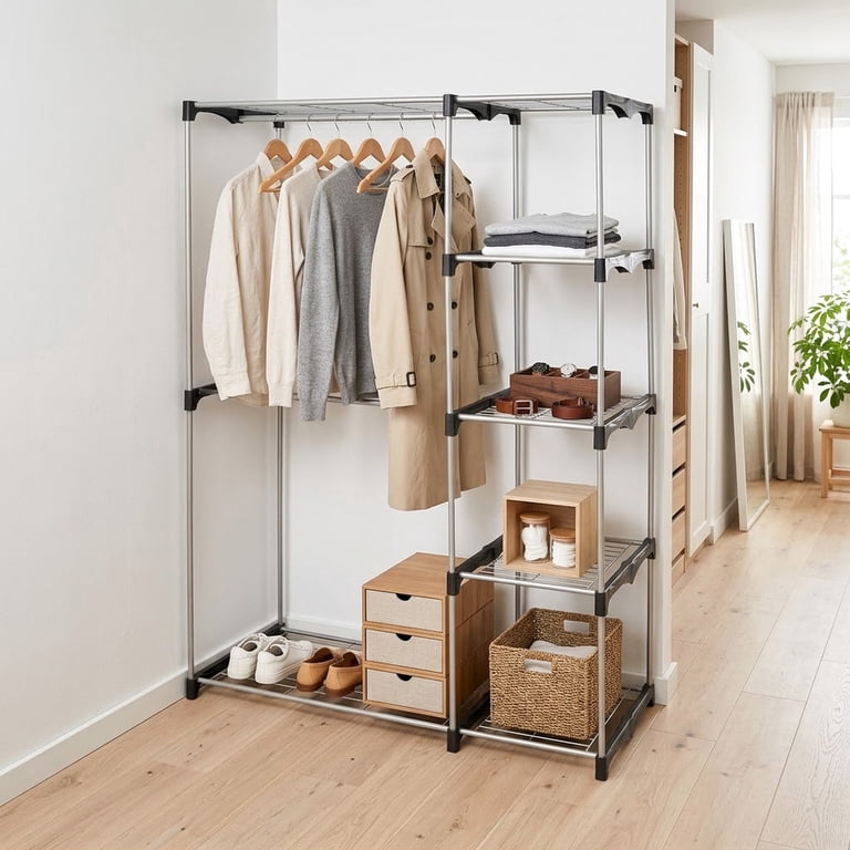 Mainstays 4-Shelf Metal Wire Closet Organizer with 2-Tier Clothes Mainstays 4-Shelf Metal Wire Closet Organizer with 2-Tier Clothes