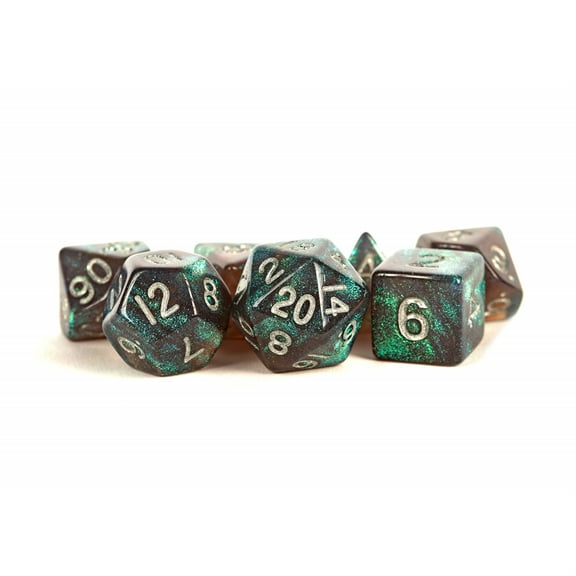 Metallic Dice Games Grey Stardust Resin Dice with Silver Numbers 16mm (5/8in) 7-Dice Set