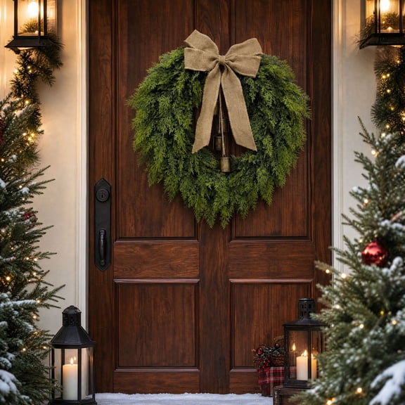 Christmas Door Swag, Holiday Wall Hanging, 21.65 Inch Bell and Bow Accents for Front Doors Walls Mantels and Stair Rails, Hanging Form and Layered Decorative Accents for Home Display