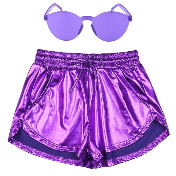 Shorts metálicos holográficos púrpura profundo para mujer
