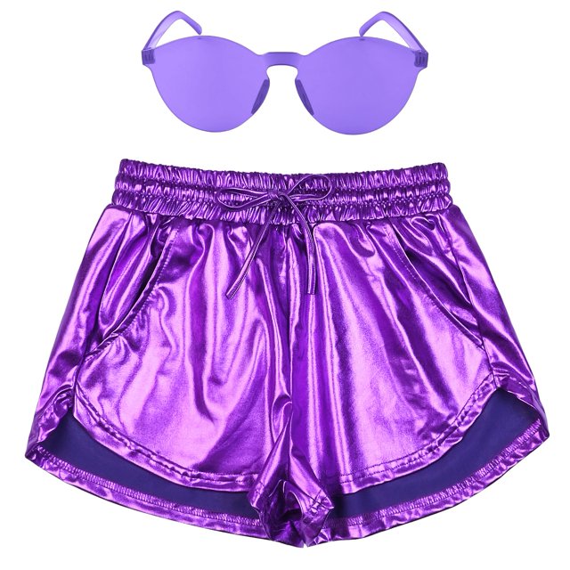 Shorts metálicos holográficos púrpura profundo para mujer