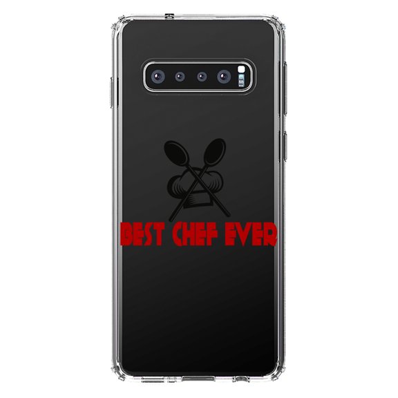 DistinctInk Clear Shockproof Hybrid Case for Samsung Galaxy S10 (6.1" Screen) - TPU Bumper Acrylic Back Tempered Glass Screen Protector - Best Chef Ever