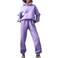 thumbnail image 1 of Conjunto de sudadera con capucha y pantalones de color liso para mujer: traje informal de manga larga gruesa con cuello con cordón, mezcla de poliéster y algodón, 1 of 6