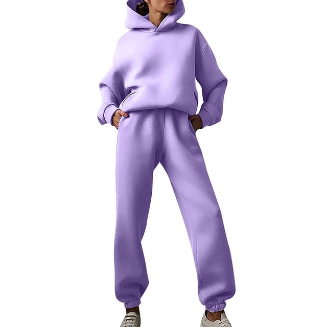 Conjunto de sudadera con capucha y pantalones de color liso para mujer: traje informal de manga larga gruesa con cuello con cordón, mezcla de poliéster y algodón